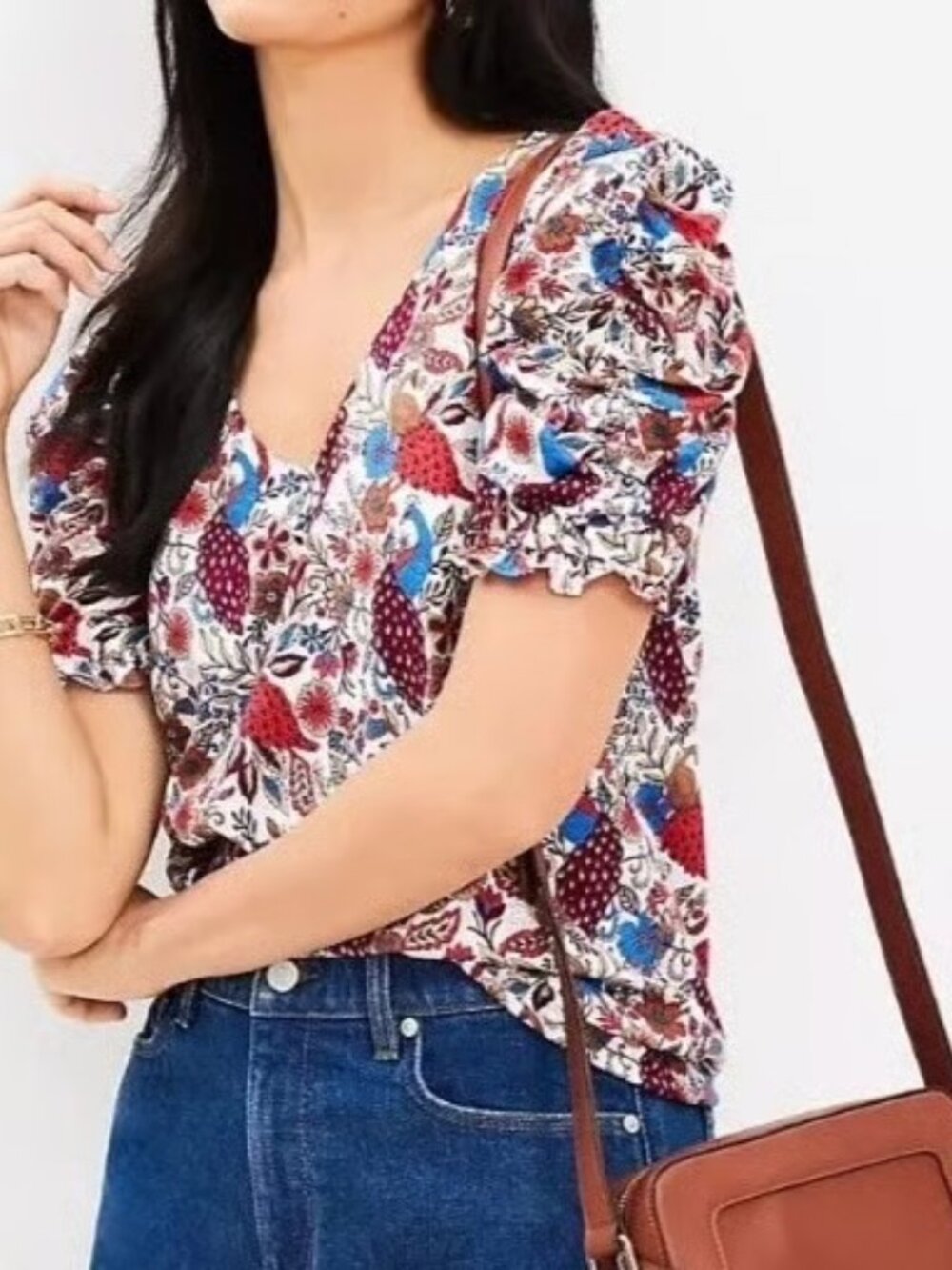 Ann Taylor LOFT peacock print ruffled sleeve blouse size M